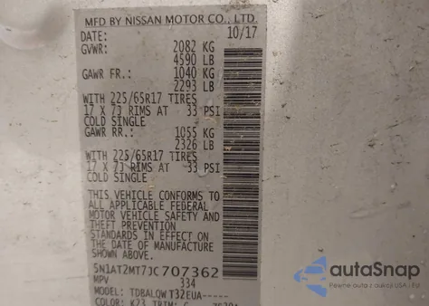 2018 Nissan Rogue Sv z USA, uszkodzony, nr VIN 5N1AT2MT7JC707362